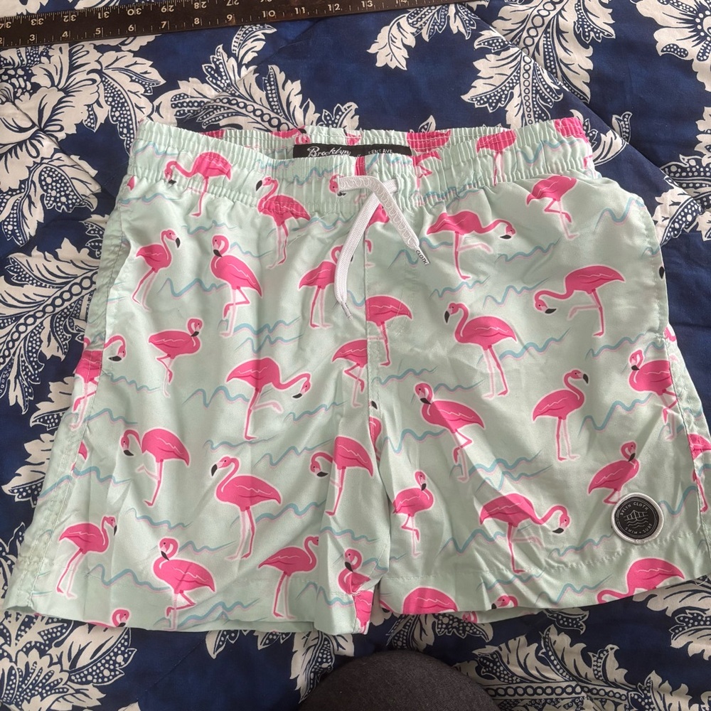 Brooklyn Cloth Kids Swim Trunks - Pink Flamingos on Mint